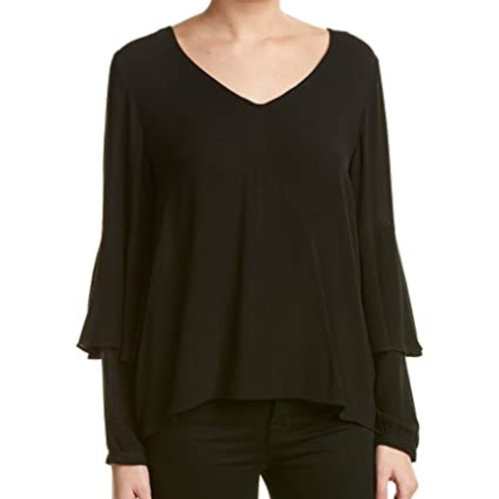 Kensie V-Neck Blouse w/ Split Back- Black